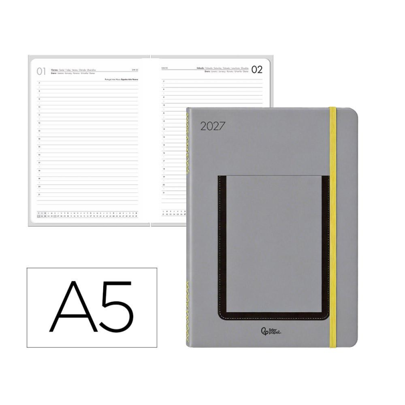 Agenda oficina liderpapel 2027 encuadernada pocket cover dia pagina a5 bilingue 70g papel fsc design 1