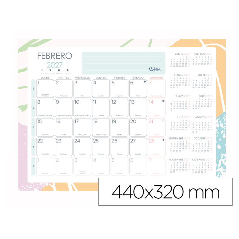 Planning mensual liderpapel teens 2027 440x320 mm con pegatinas lomo engomado papel 128 g