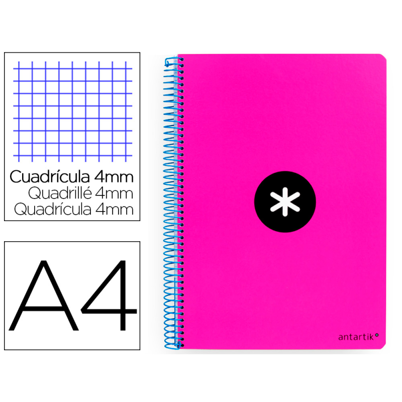 Cuaderno espiral a4 antartik tapa dura 80h 90gr cuadro 4mm con margen color rosa fluor