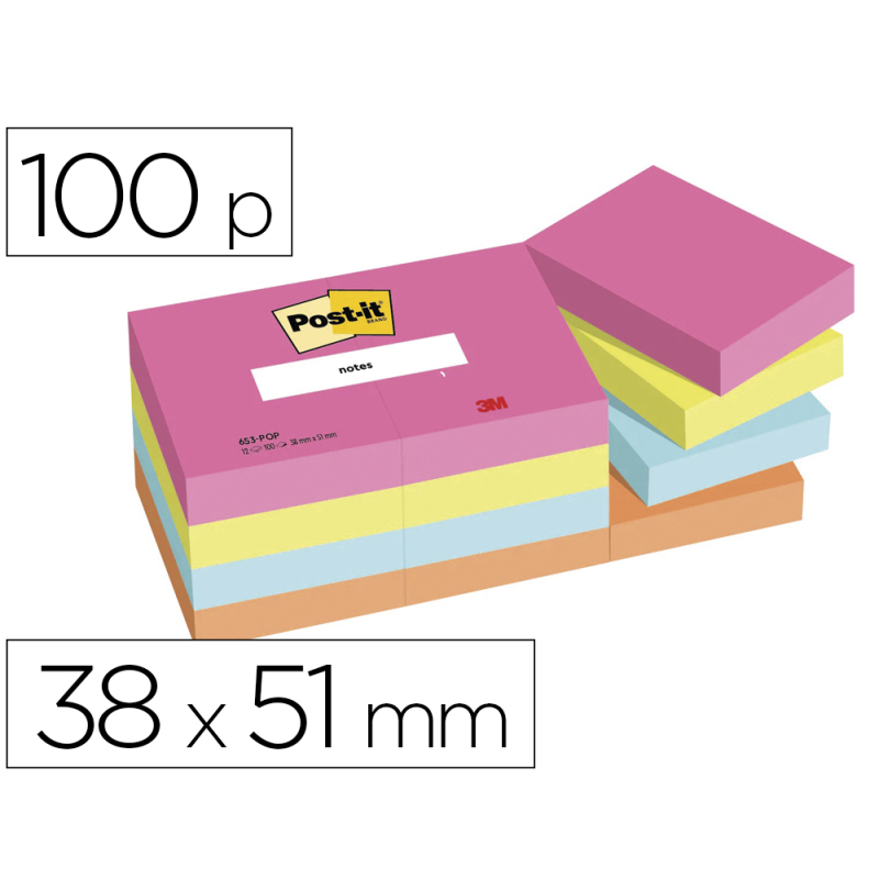 Bloc de notas adhesivas quita y pon post-it poptimistic 38x51 mm con 100 hojas pack de 12 unidades