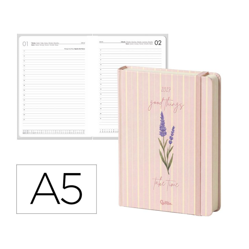 Agenda oficina liderpapel 2027 encuadernada flowers a semana vista a5 bilingue 70g papel fsc design 3