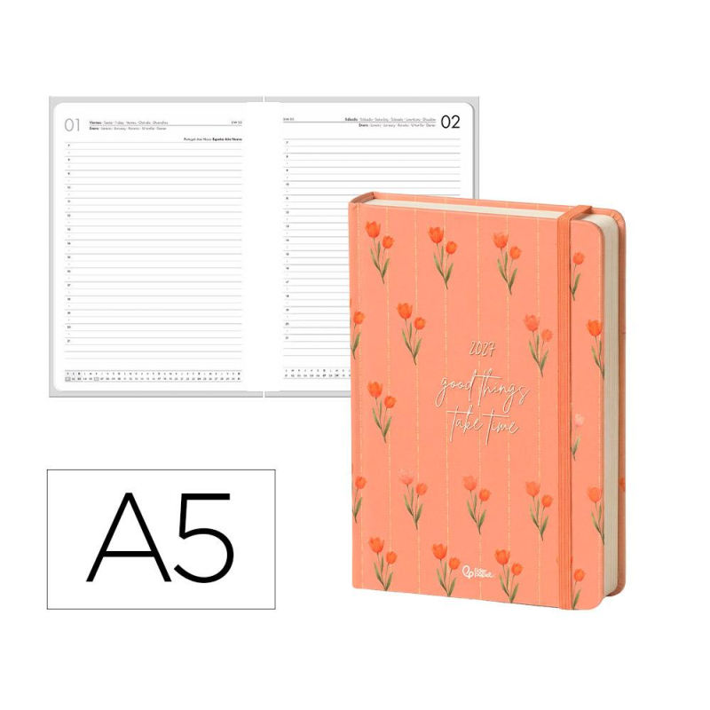 Agenda oficina liderpapel 2027 encuadernada flowers a semana vista a5 bilingue 70g papel fsc design 4
