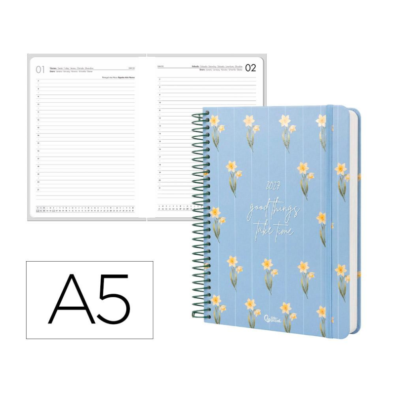 Agenda oficina liderpapel 2027 espiral flowers a dia pagina a5 bilingue 70g papel fsc design 1