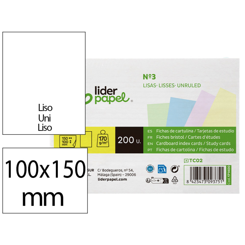 Tarjeta liderpapel para estudiar lisa cartulina de colores 170gr 100x150mm paquete de 200 unidades