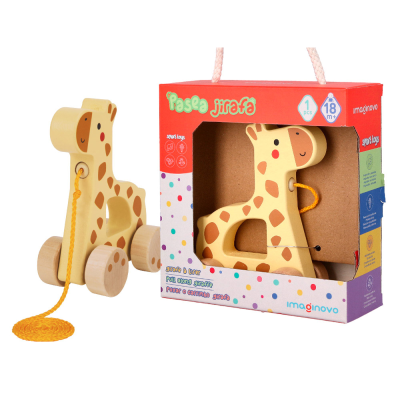 Juego infantil imaginovo madera jirafa para arrastrar con ruedas +12 meses 16x12x5,4cm