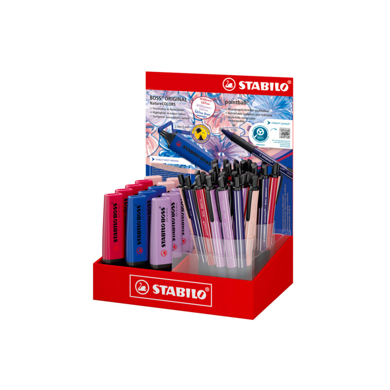 Expositor de sobremesa stabilo colors wildflower 38 boligrafos + 15 rotuladores fluorescente boss