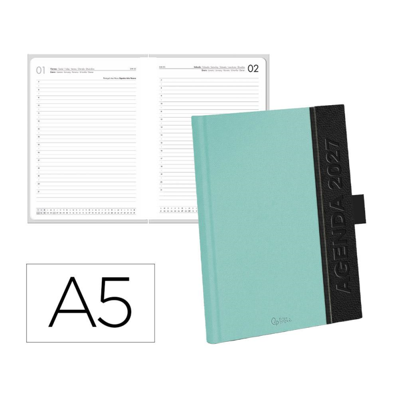 Agenda oficina liderpapel 2027 encuadernada corporate a dia pagina a5 bilingue 70g papel fsc turquoise
