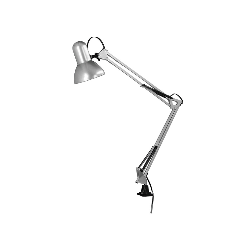 Lampara de escritorio q-connect antares metalica conpinza interruptor brazo doble 3 articulaciones color plata