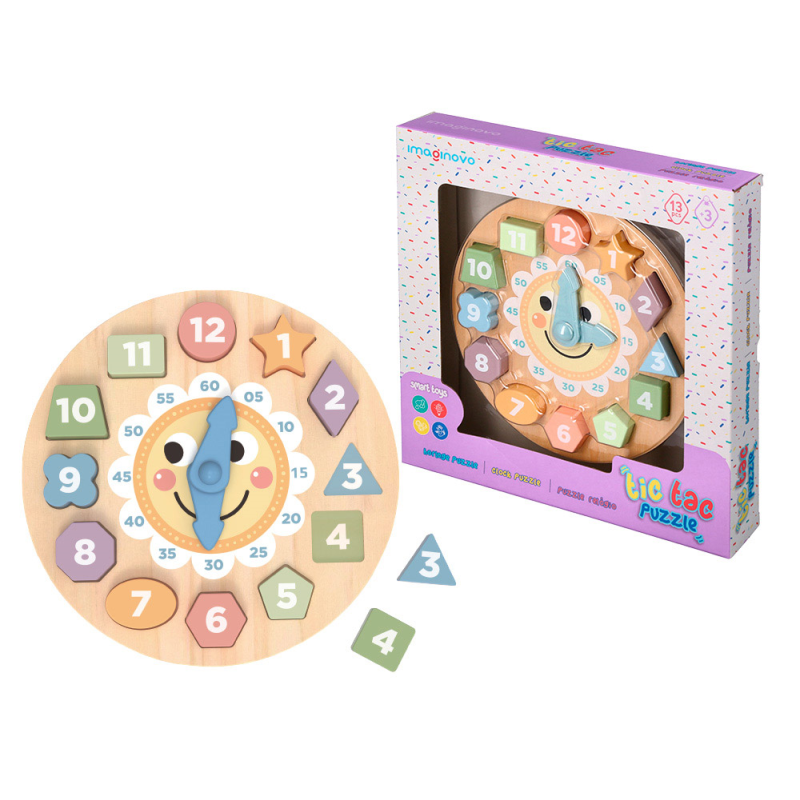 Juego infantil imaginovo madera reloj +3 años 13 piezas 29x29x3,5cm