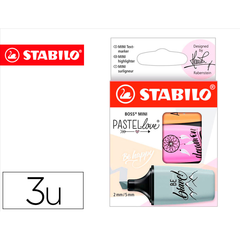 Rotulador stabilo boss mini pastel love estuche de 3 unidades fucsia helado/naranja palido/gris