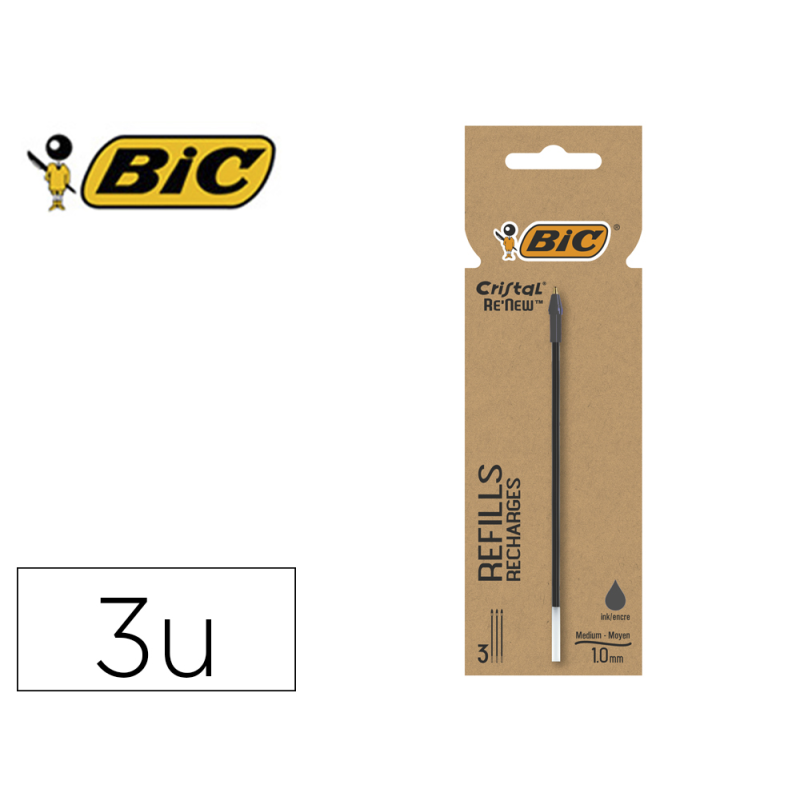 Recambio boligrafo bic cristal renew color negro blister de 3 unidades
