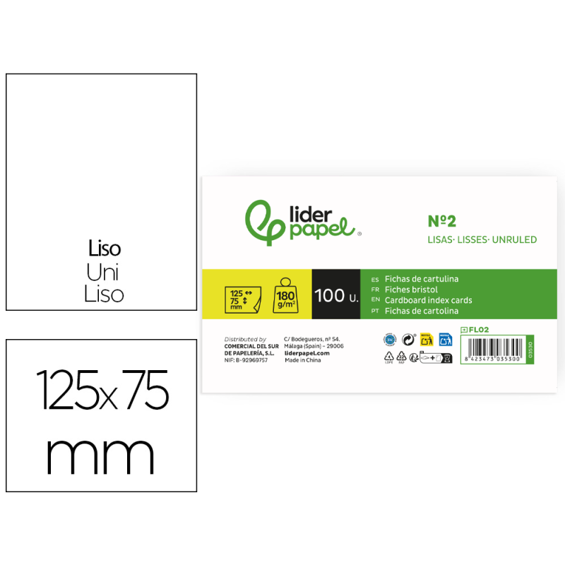 Ficha liderpapel lisa nº2 75x125mm 180gr paquete de 100 unidades
