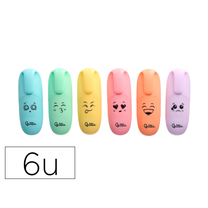 Rotulador liderpapel mini fluorescente pastel punta biselada estuche de 6 unidades colores surtidos