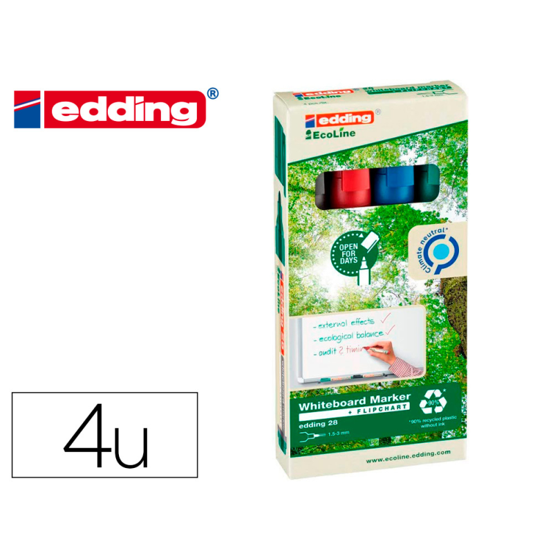 Rotulador edding 28 para pizarra blanca ecoline 90% reciclado bolsa 4 colores surtidos punta redonda 1,5-3