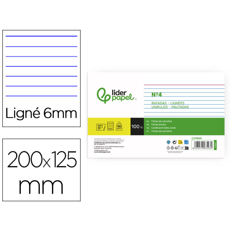 Ficha liderpapel rayada nº4 125x200 mm 180gr paquete de 100 unidades