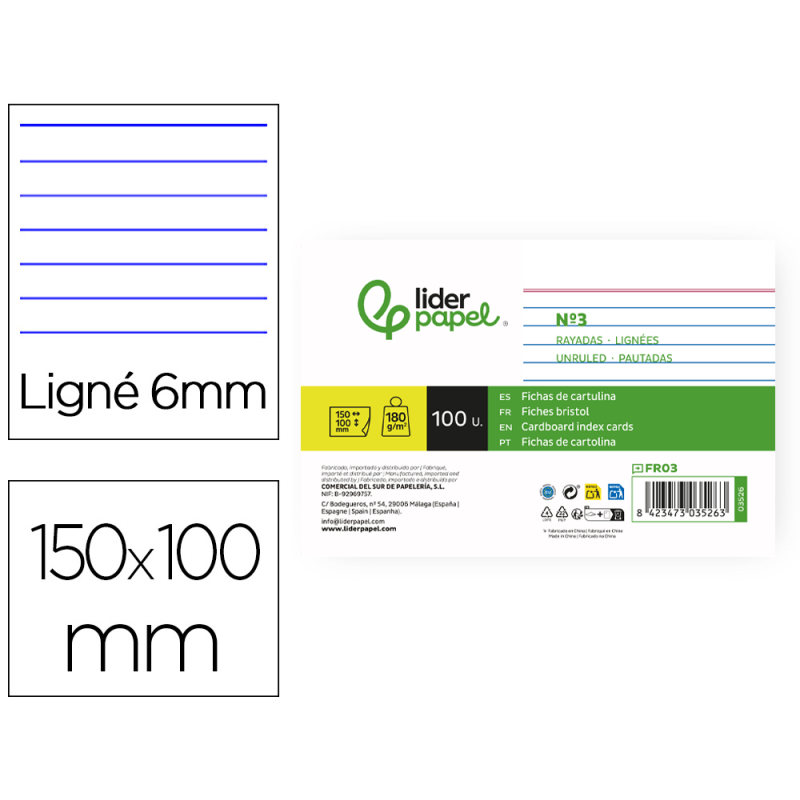 Ficha liderpapel rayada nº3 100x150 mm 180gr paquete de 100 unidades