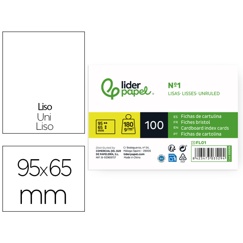 Ficha liderpapel lisa nº1 65x95mm 180gr paquete de 100 unidades