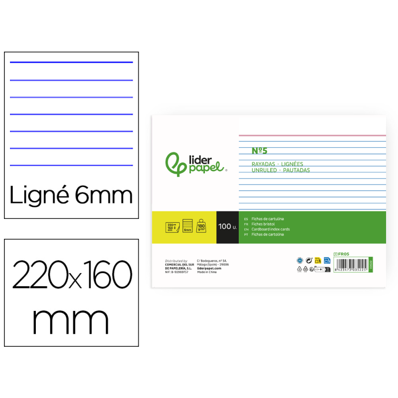 Ficha liderpapel rayada nº5 160x220 mm 180gr paquete de 100 unidades