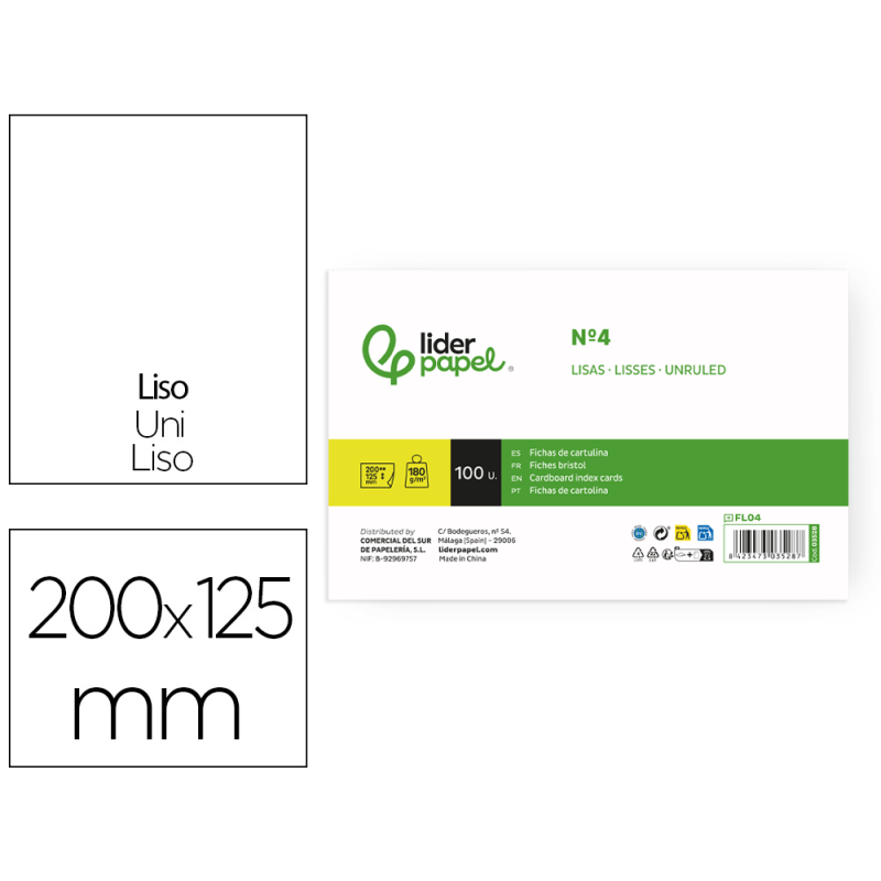 Ficha liderpapel lisa nº4 125x200mm 180gr paquete de 100 unidades