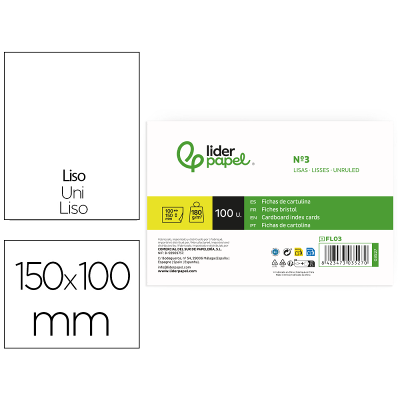 Ficha liderpapel lisa nº3 100x150mm 180 gr paquete de 100 unidades