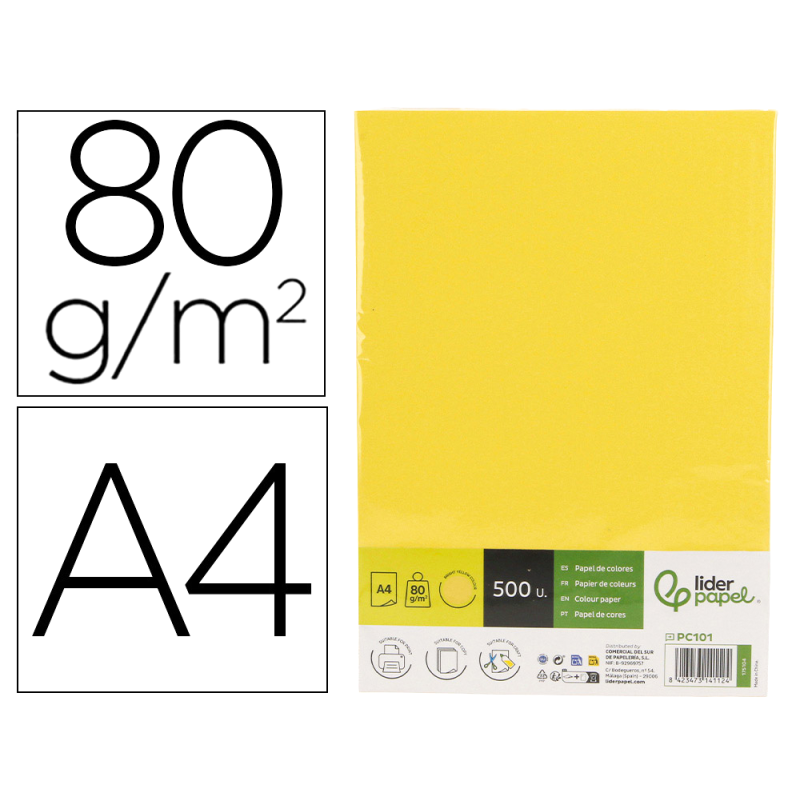 Papel color liderpapel din a4 80 gr amarillo intenso paquete de 500 hojas
