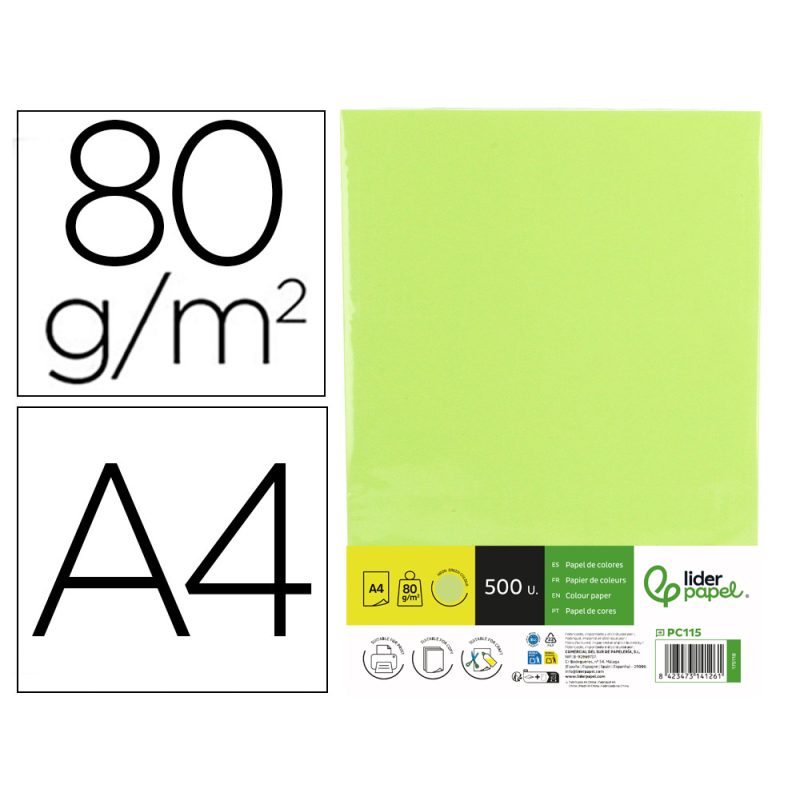 Papel color liderpapel din a4 80 gr verde neon paquete de 500 hojas