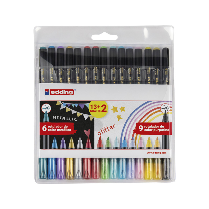 Rotulador edding punta fibra 1200 pack de 13 unidades + 2 unidades gratis colores metalicos/glitter
