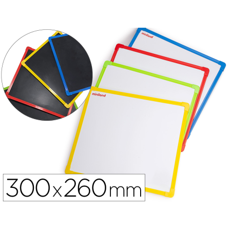 Pizarra blanca miniland metalica magentica doble cara marco de plastico 300x260 mm set de 4 unidades