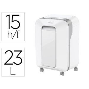 Destructora de documentos fellowes lx201 capacidad de 12 h seguridad p5 clips grapas y tarjetas 23l blanca