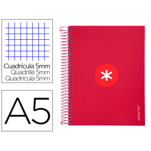 Cuaderno espiral a5 micro antartik tapa forrada120h 90 gr cuadro 5mm 5 bandas6 taladros color frambuesa