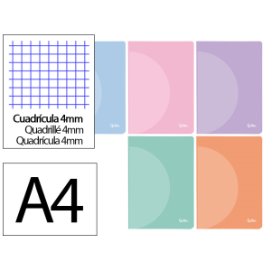 Libreta liderpapel 360 tapa de plastico a4 48 hojas 90gr cuadro 4mm con margen colores pastel surtidos