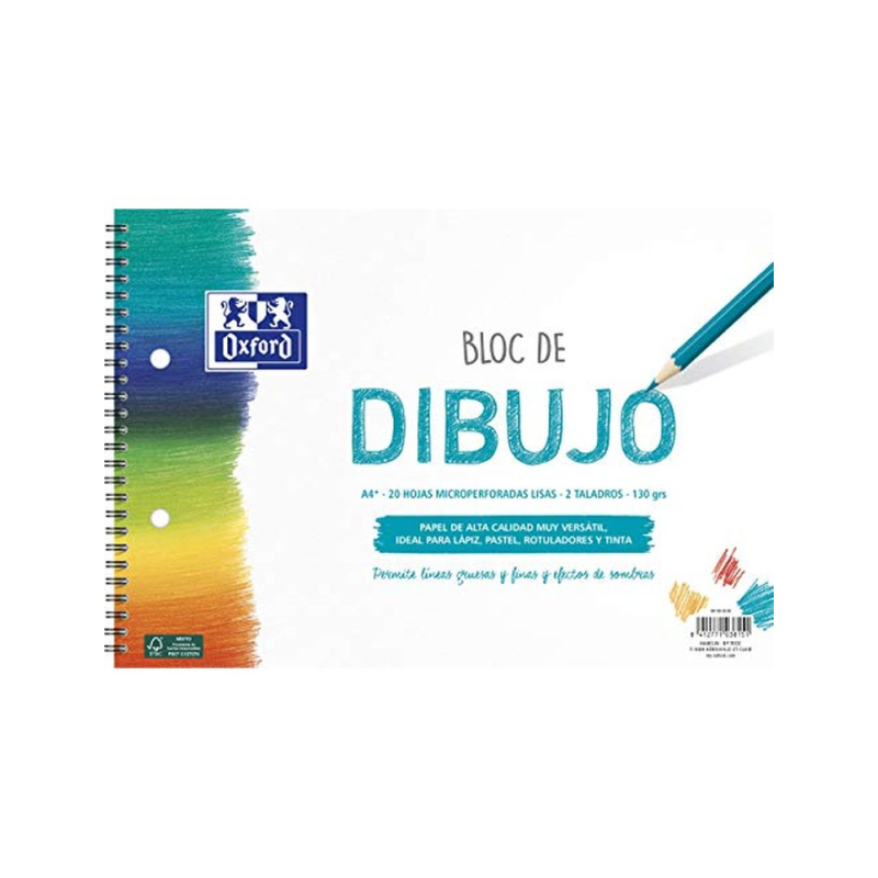 Bloc de dibujo oxford espiral din a4+ 20 hojas liso 2 taladros 130 gr