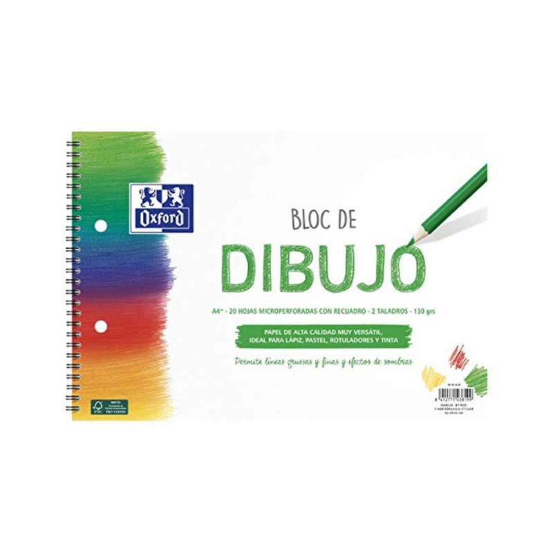 Bloc de dibujo oxford espiral din a4+ 20 hojas con recuadro 2 taladros 130 gr