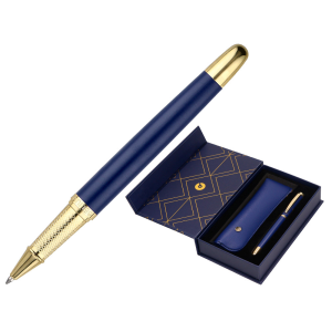 Boligrafo y estuche belius soiree color azul marino y dorado tinta azul caja de diseño