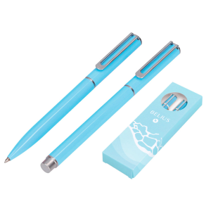 Juego boligrafo y roller belius endless summer aluminio color celeste y plateado tinta azul caja de diseño