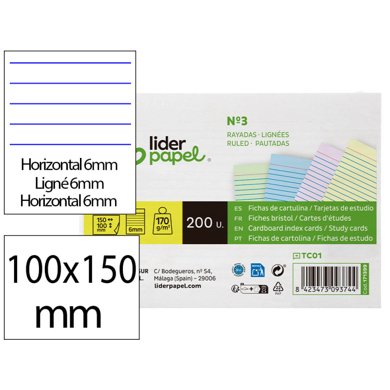 Tarjeta liderpapel para estudiar rayada cartulina de colores 170gr 100x150mm paquete de 200 unidades
