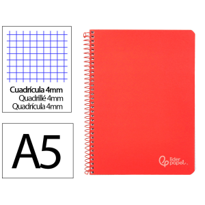 Cuaderno espiral liderpapel a5 witty tapa dura 80h 90gr cuadro 4mm con margen color rojo