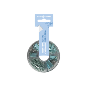 Set de papeleria imaginovo con clips 28mm pinzas 19mm y chinchetas azul