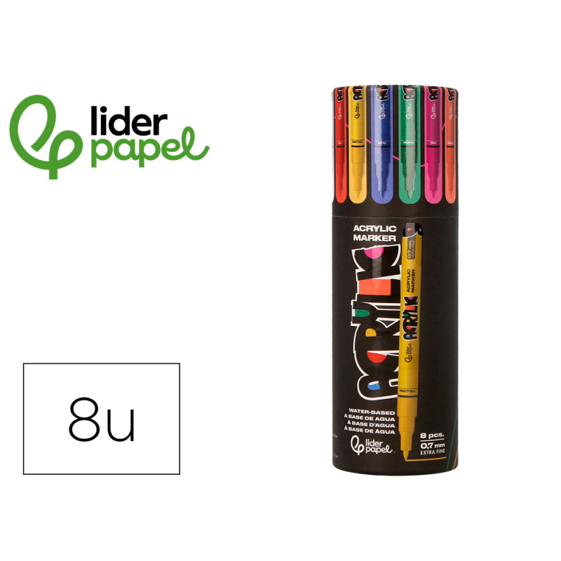 Rotulador liderpapel acrylic base agua todo tipo de superficie punta fina 0,7 mm caja de 8 unidades colores surtidos