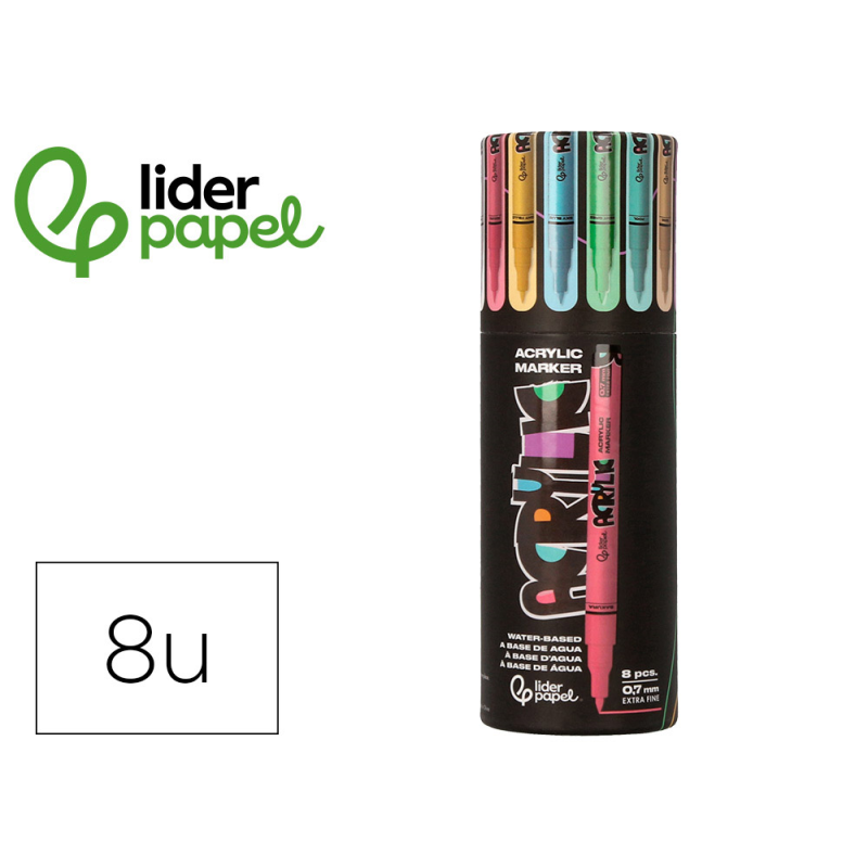 Rotulador liderpapel acrylic base agua todo tipo de superficie punta fina 0,7 mm caja de 8 unidades colores pasteles