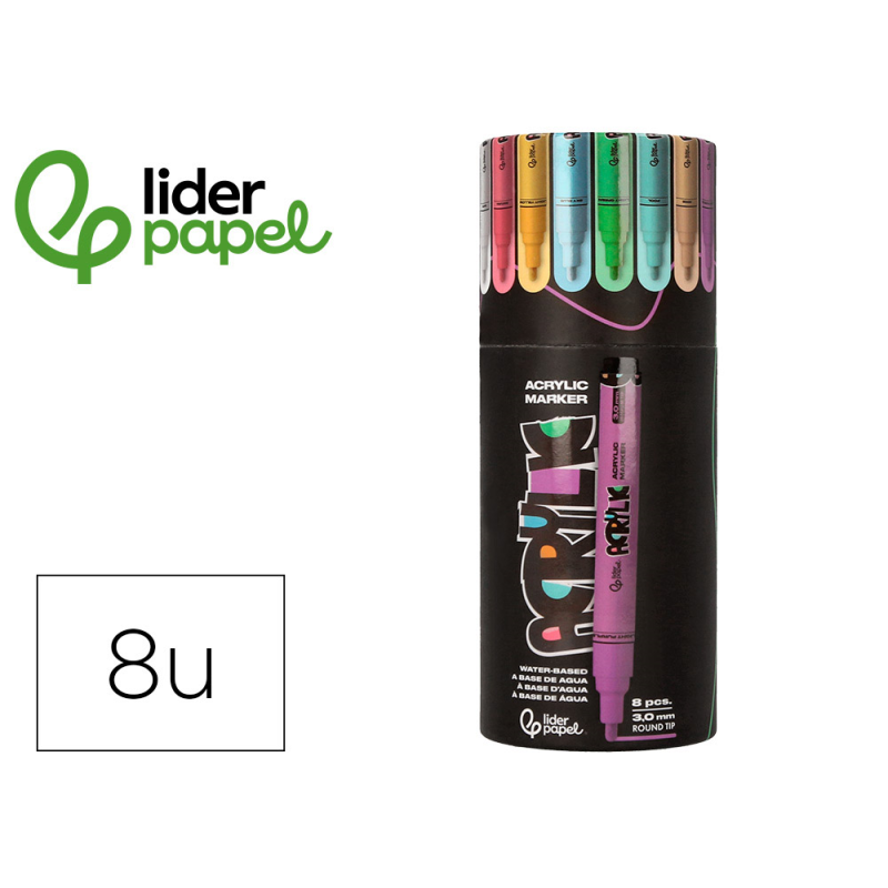Rotulador liderpapel acrylic base agua todo tipo de superficie punta redonda 3mm caja de 8 unidades colores pastel