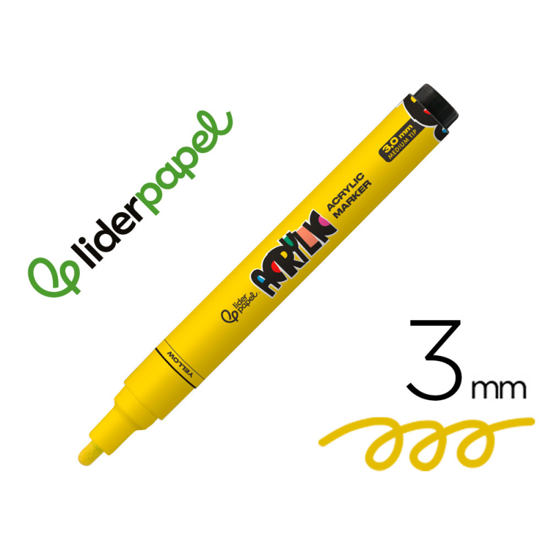 Rotulador liderpapel acrylic base agua todo tipo de superficie punta redonda 3 mm amarillo