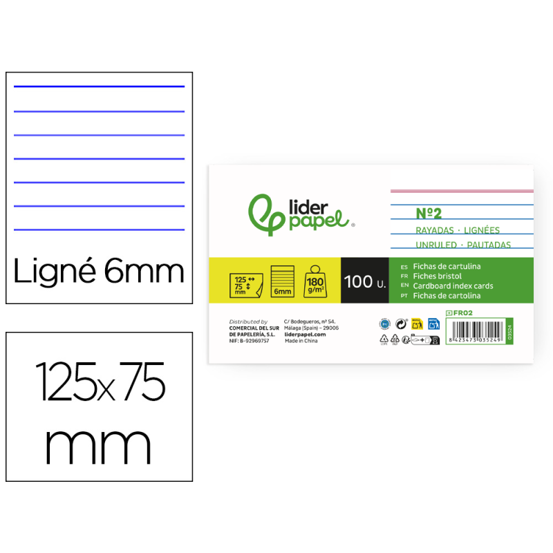 Ficha liderpapel rayada nº2 75x125 mm 180gr paquete de 100 unidades