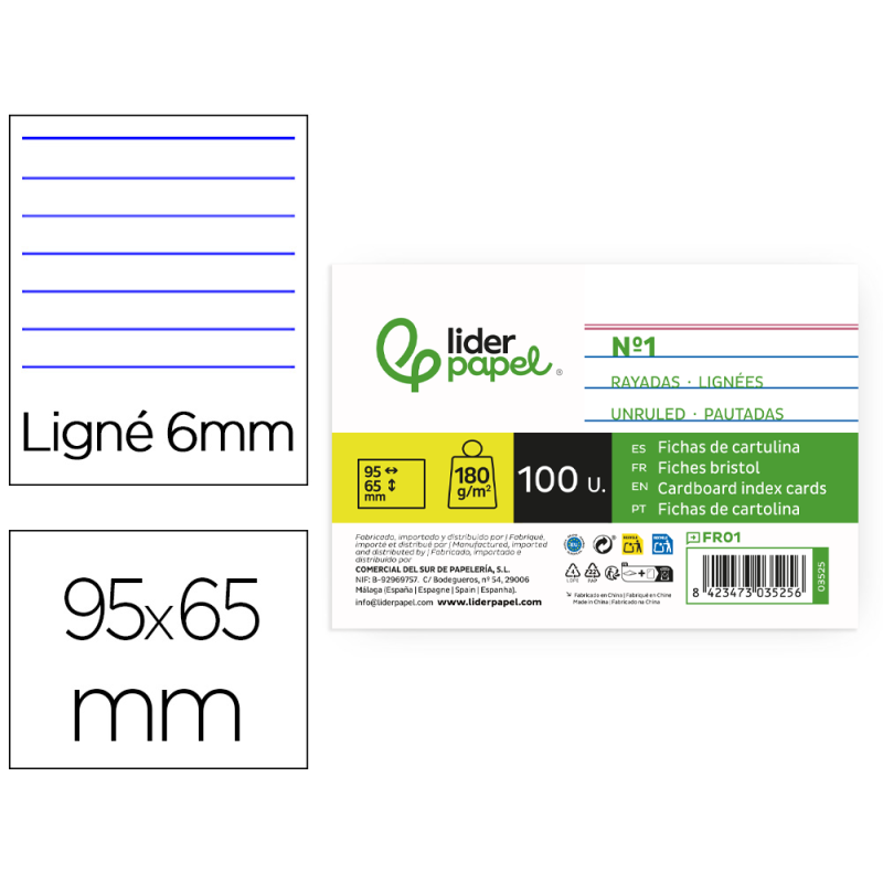 Ficha liderpapel rayada nº1 65x95 mm 180gr paquete de 100 unidades