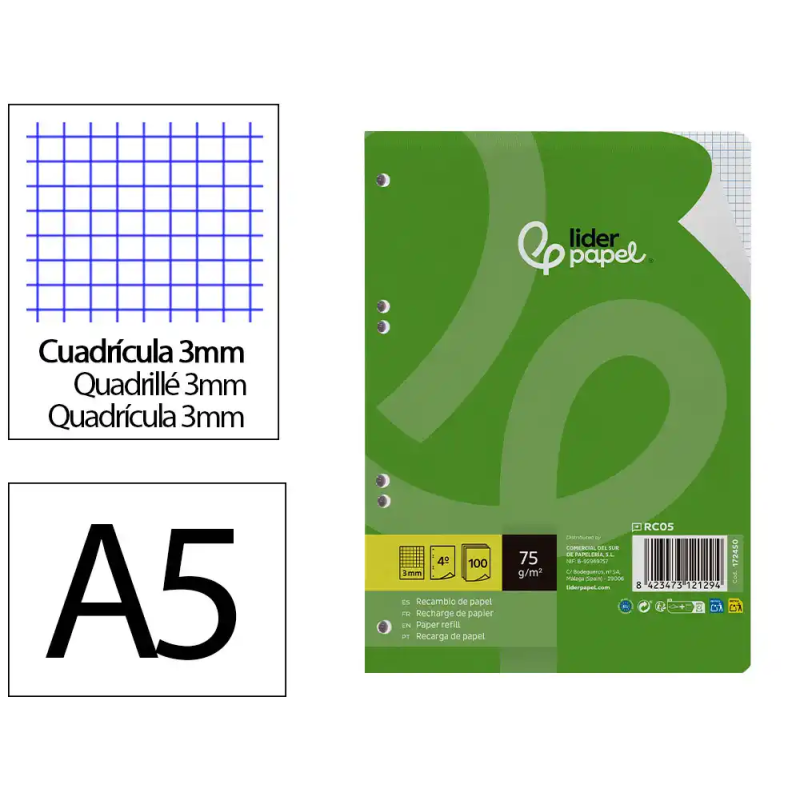 Recambio liderpapel a5 100 hojas 75gr cuadro 3mm con margen 6 taladros
