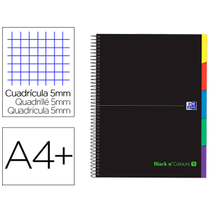Cuaderno espiral oxford ebook 5 tapa extradura din a4+ 100 h con separadores cuadricula 5 mm black'n colors verde