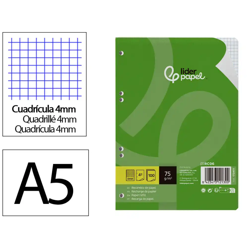 Recambio liderpapel a5 100 hojas 75gr cuadro 4mm con margen 6 taladros