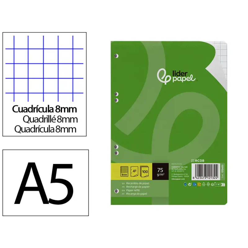 Recambio liderpapel din a5 100 hojas 75 gr cuadro 8mm con margen 6 taladros