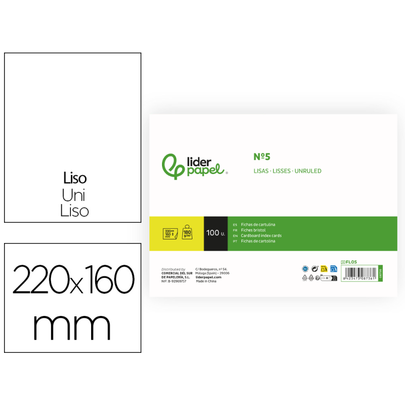 Ficha liderpapel lisa nº5 160x220mm 180gr paquete de 100 unidades