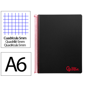 Cuaderno espiral liderpapel a6 micro wonder tapa plastico 120h 90 gr cuadro 5mm 4 bandas color negro